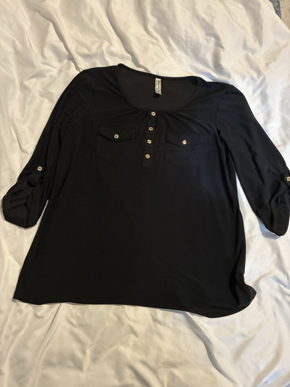 "Perseption Concept" Womens Black, 3/4 Roll Sleeve, Shirt With Pockets Size XL